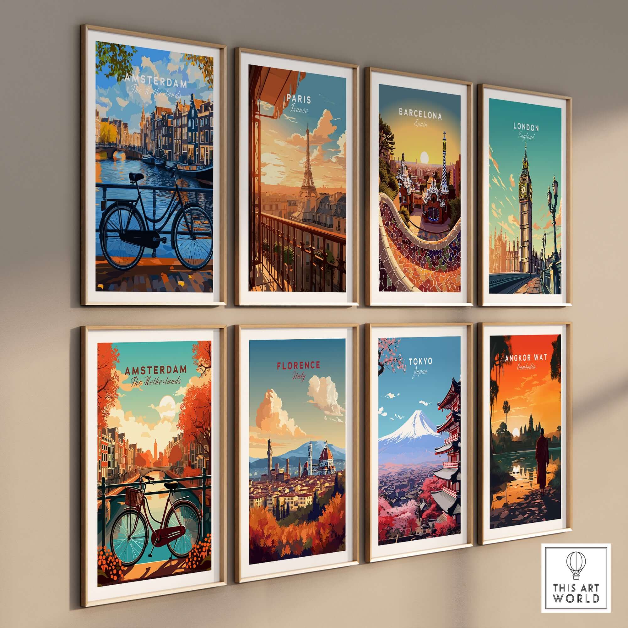 Colourful Amsterdam Architecture Poster - Iconic Canal Houses and Canals Wall Art showcasing vibrant cityscape prints.