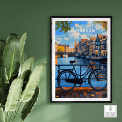 Colourful Amsterdam Architecture Poster - Iconic Canal Houses and Canals Wall Art featuring vibrant canal scene and bicycle.