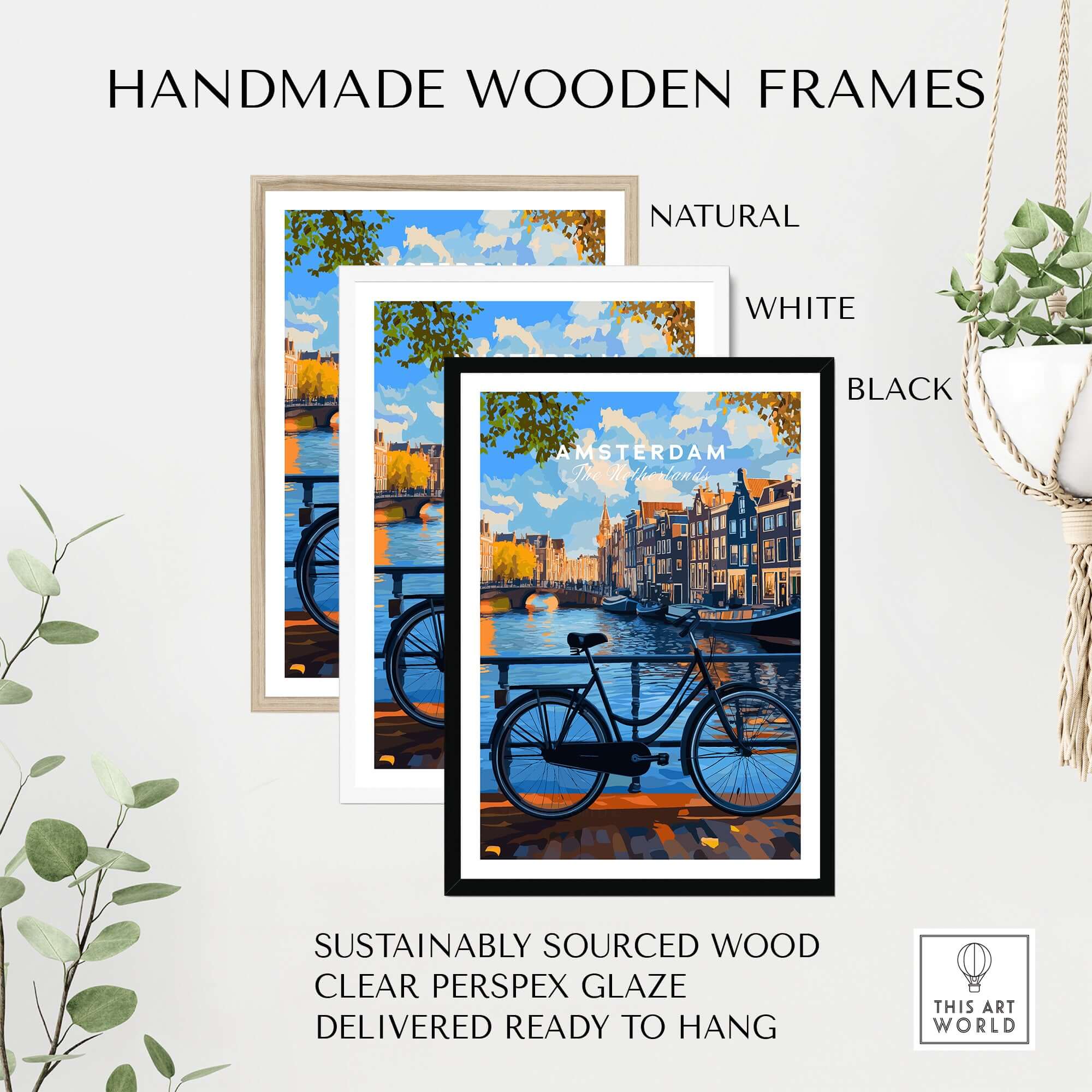 Colourful Amsterdam Architecture Poster - Iconic Canal Houses and Canals Wall Art in handmade wooden frames.