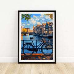 Colourful Amsterdam Architecture Poster - Iconic Canal Houses and Canals Wall Art featuring a bike by the canal.
