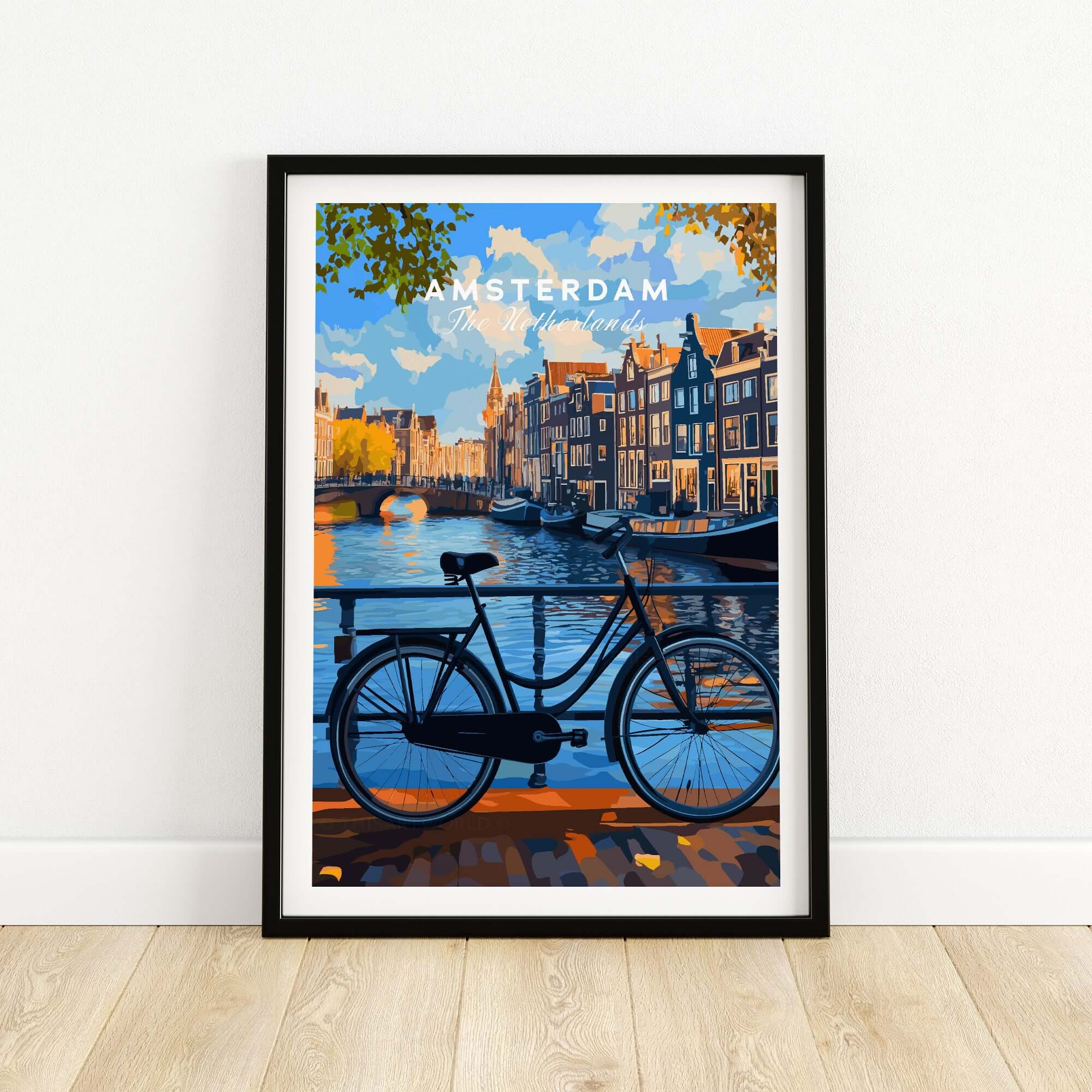 Colourful Amsterdam Architecture Poster - Iconic Canal Houses and Canals Wall Art featuring a bike by the canal.