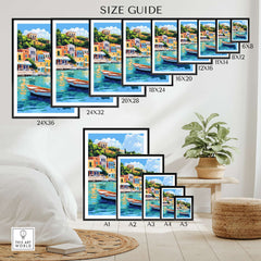 Colourful Ithaca Greece Print | Mediterranean Coastal Wall Art size guide with various frame sizes in a bright coastal room.