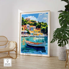 Colourful Ithaca Greece Print | Mediterranean Coastal Wall Art featuring vibrant buildings and turquoise waters.