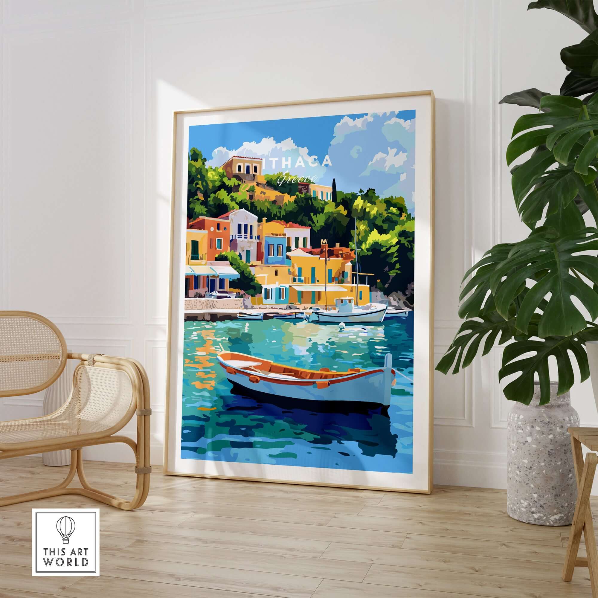 Colourful Ithaca Greece Print | Mediterranean Coastal Wall Art featuring vibrant buildings and turquoise waters.