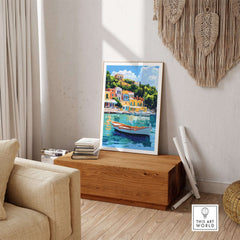 Colourful Ithaca Greece Print | Mediterranean Coastal Wall Art displayed in a stylish interior beside a rustic wooden chest.