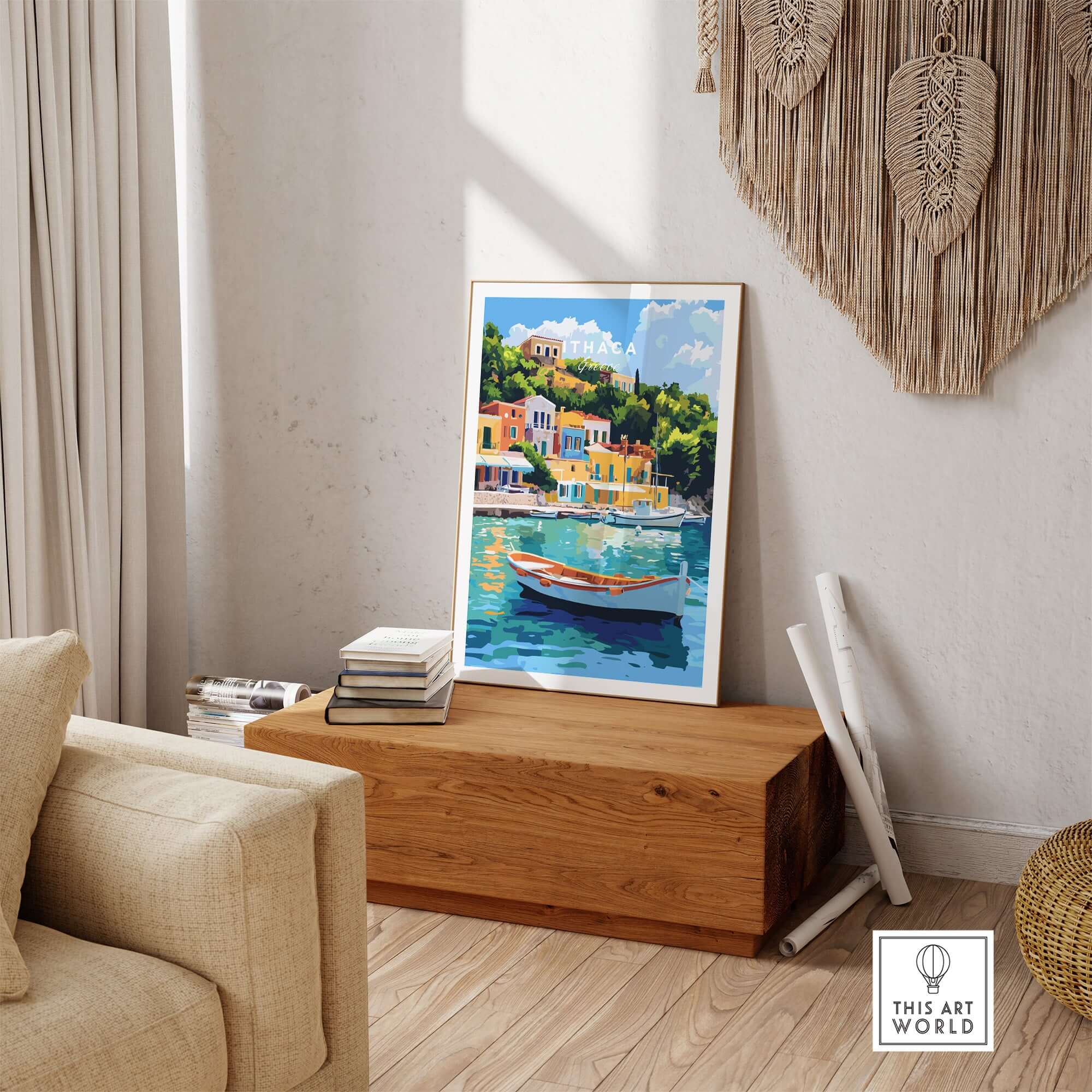 Colourful Ithaca Greece Print | Mediterranean Coastal Wall Art displayed in a stylish interior beside a rustic wooden chest.