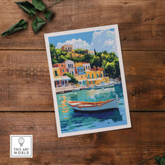 Colourful Ithaca Greece Print | Mediterranean Coastal Wall Art featuring a vibrant depiction of a boat and colorful buildings.