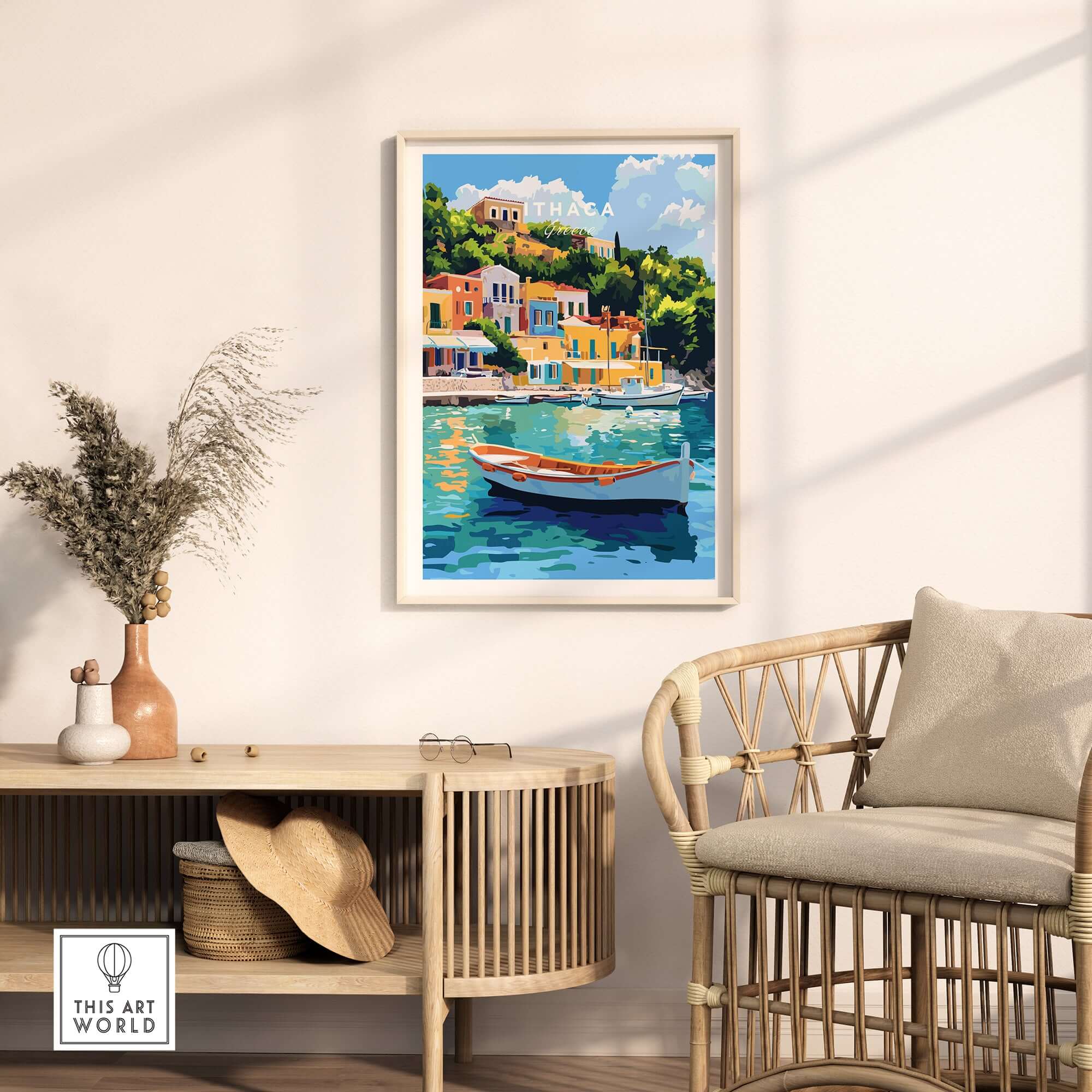 Colourful Ithaca Greece Print | Mediterranean Coastal Wall Art displayed in a cozy living room with natural decor.