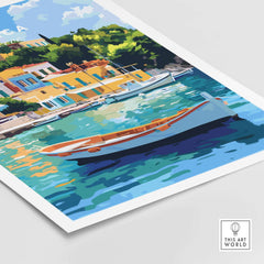 Colourful Ithaca Greece Print | Mediterranean Coastal Wall Art featuring a vibrant boat and charming buildings by turquoise waters.