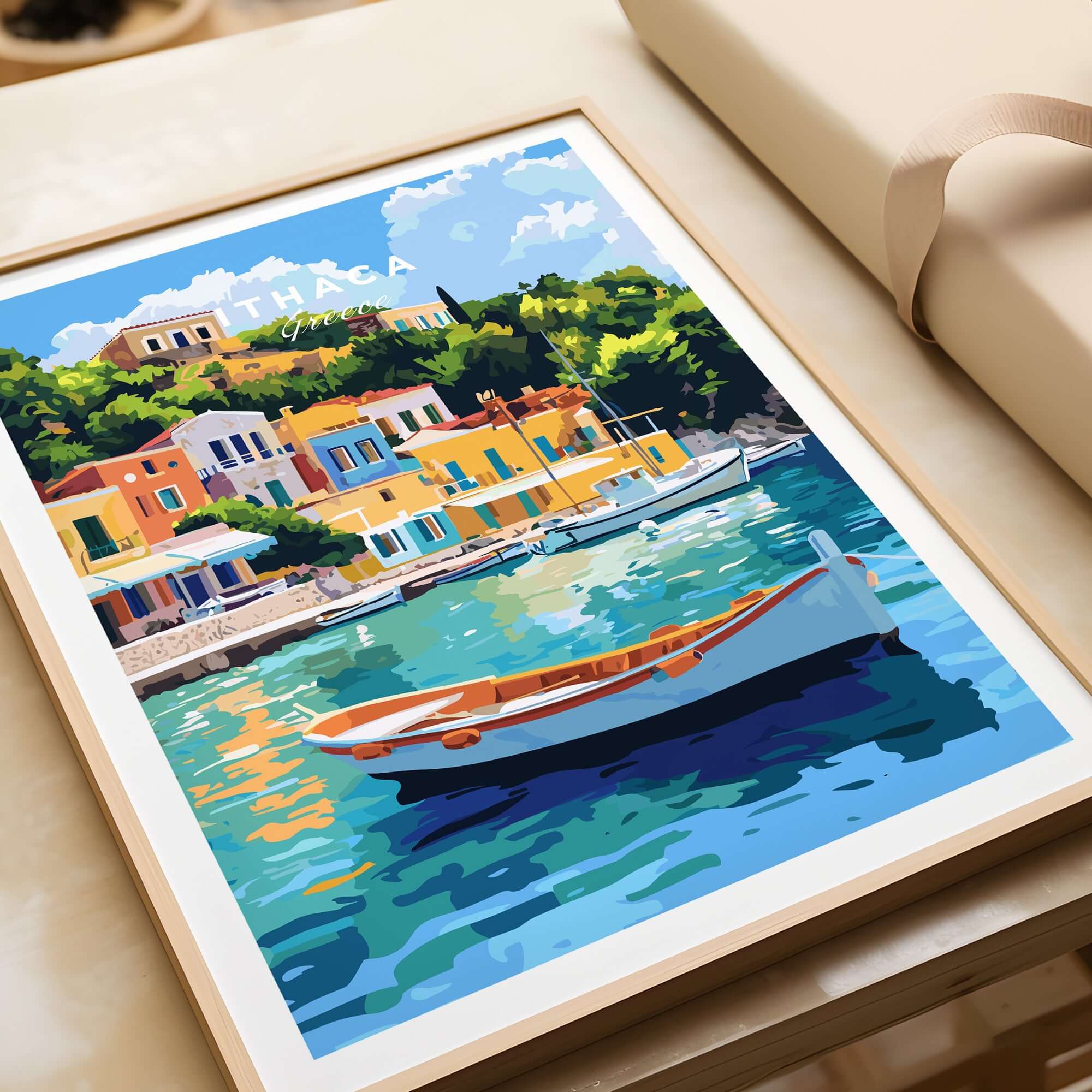 Colourful Ithaca Greece Print | Mediterranean Coastal Wall Art featuring vibrant buildings and a boat on turquoise waters.