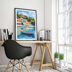 Colourful Ithaca Greece Print | Mediterranean Coastal Wall Art displayed in a modern room with a workspace.