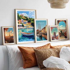 Colourful Ithaca Greece Print | Mediterranean Coastal Wall Art displayed among other vibrant travel prints on a stylish wall.
