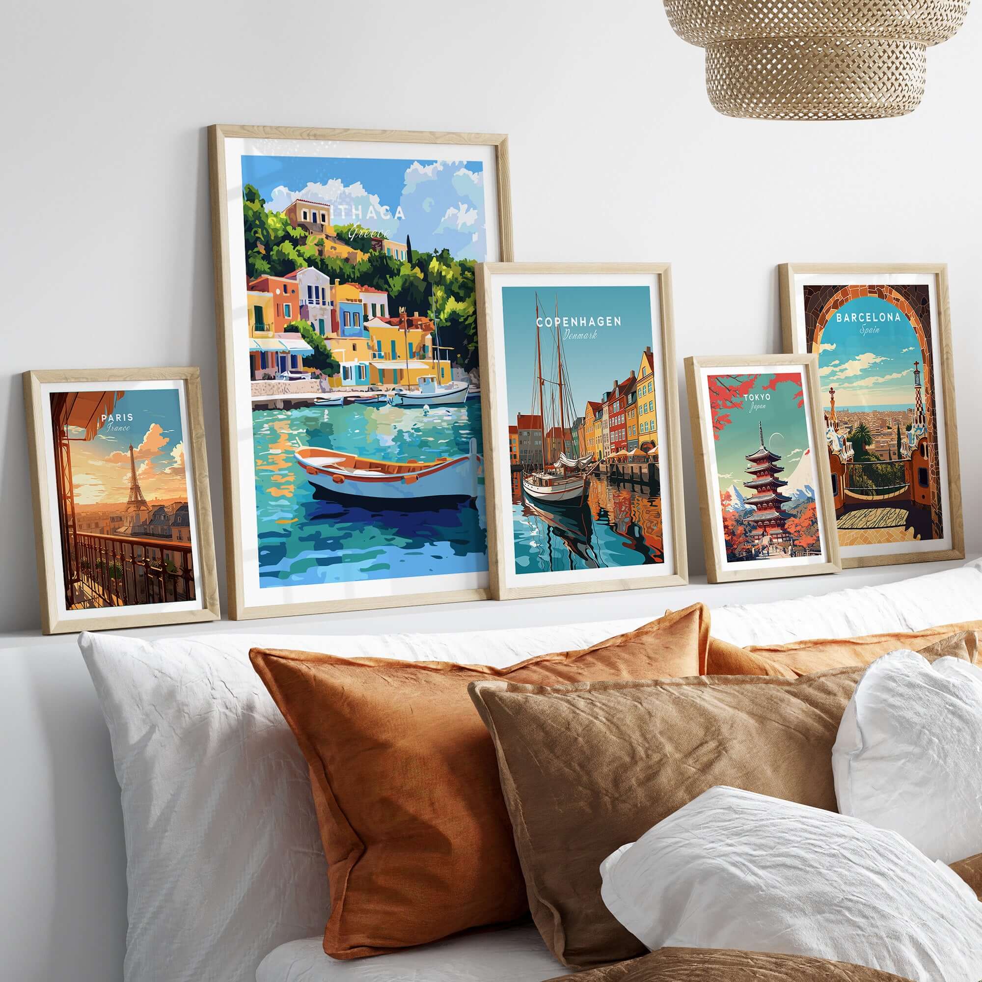 Colourful Ithaca Greece Print | Mediterranean Coastal Wall Art displayed among other vibrant travel prints on a stylish wall.