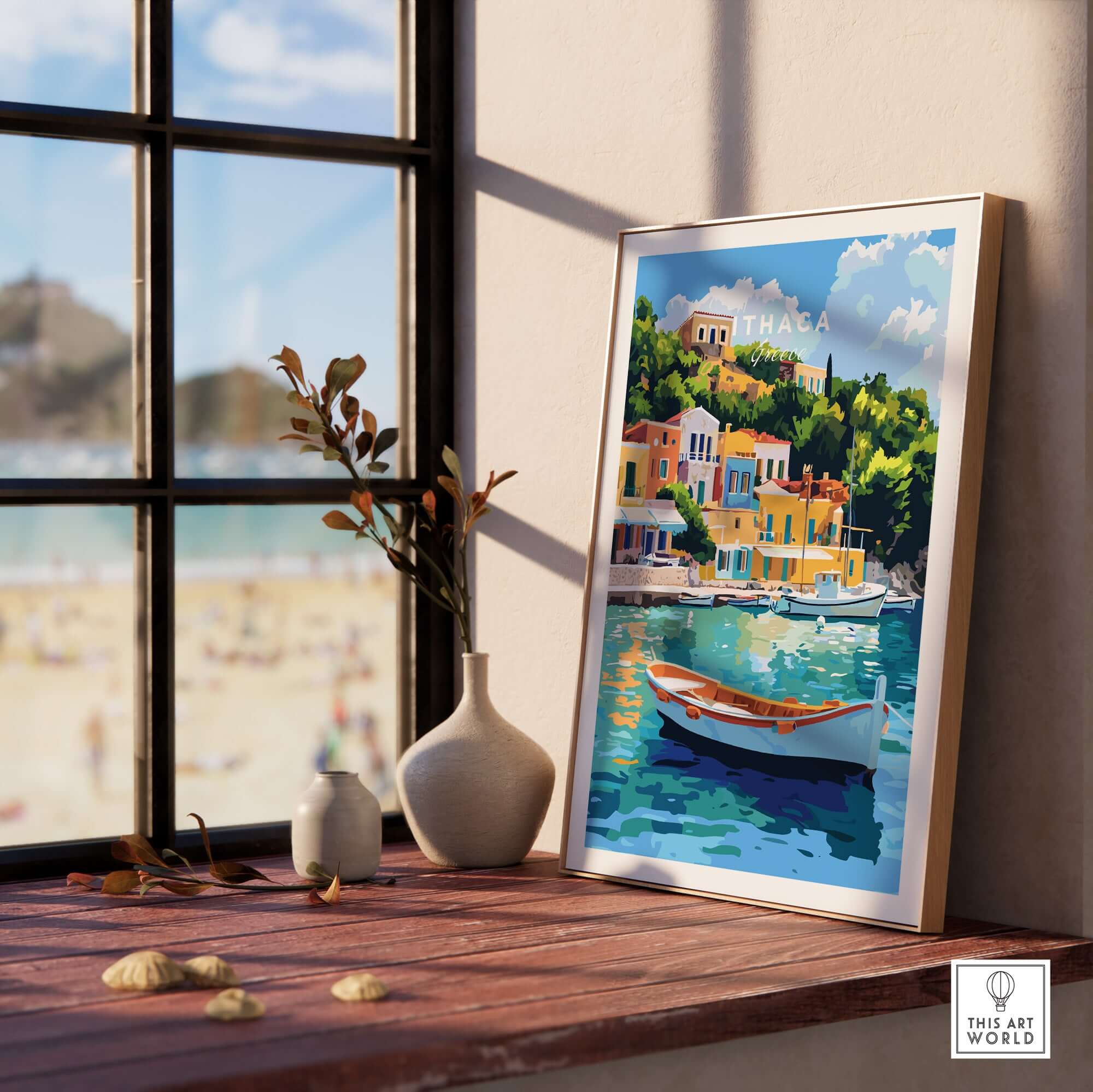 Colourful Ithaca Greece Print | Mediterranean Coastal Wall Art displayed on a wooden table by the window.