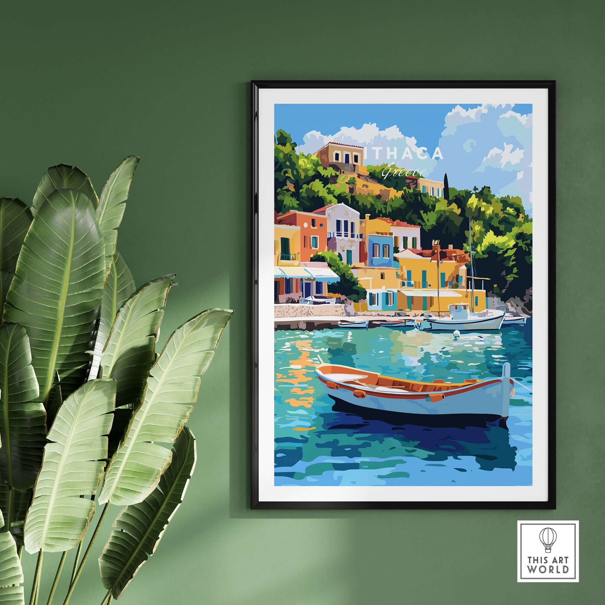 Colourful Ithaca Greece Print | Mediterranean Coastal Wall Art featuring a boat and vibrant buildings by the water.