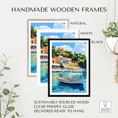 Colourful Ithaca Greece Print | Mediterranean Coastal Wall Art in handmade wooden frames