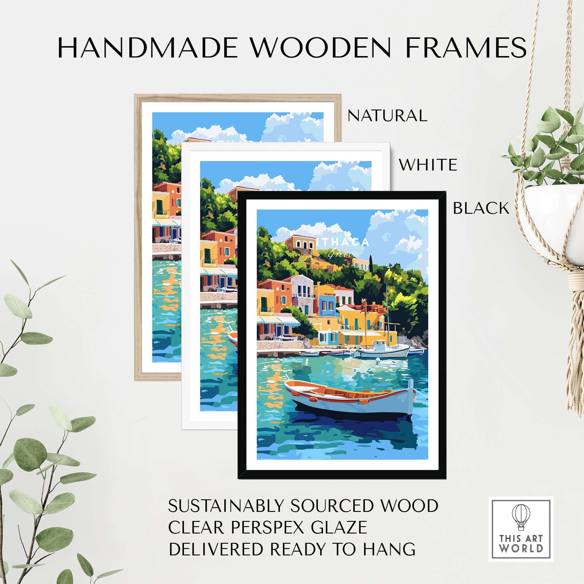 Colourful Ithaca Greece Print | Mediterranean Coastal Wall Art in handmade wooden frames