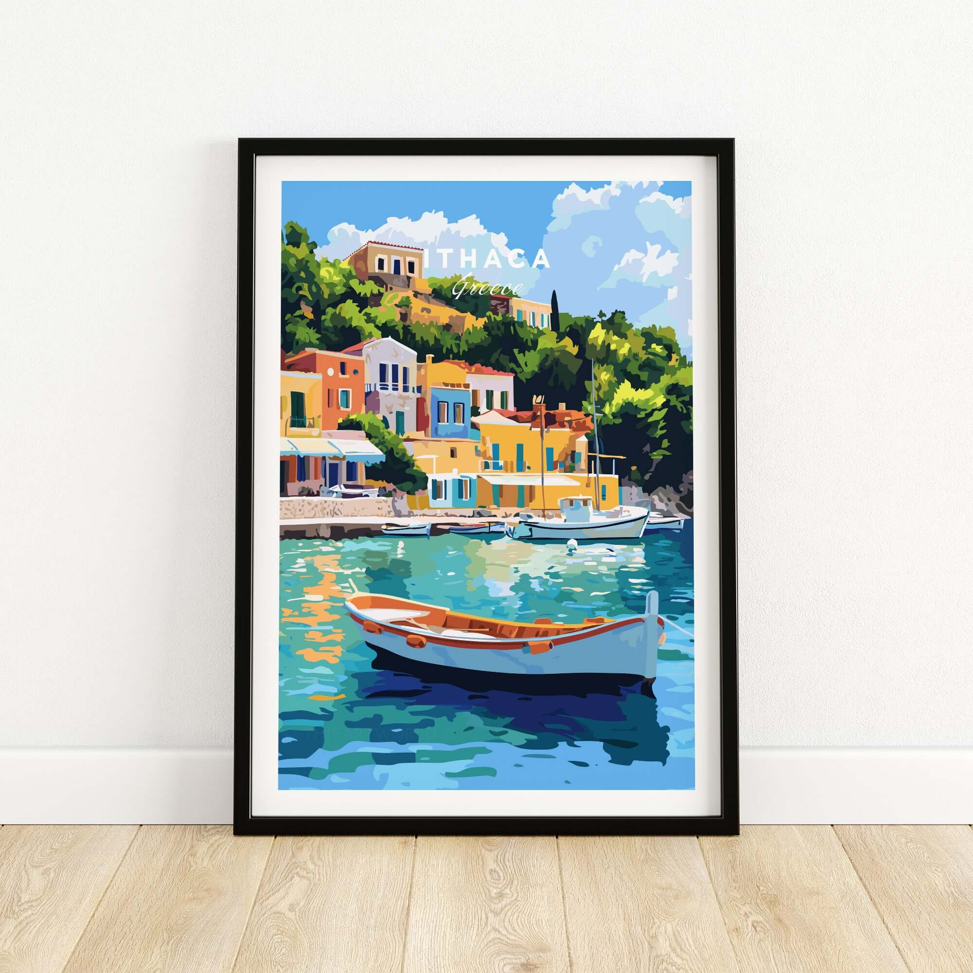 Colourful Ithaca Greece Print | Mediterranean Coastal Wall Art featuring vibrant buildings and a boat on turquoise waters.