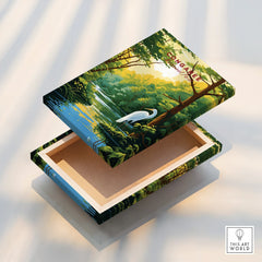 Framed Congaree National Park art print with heron, forest, and river scene.