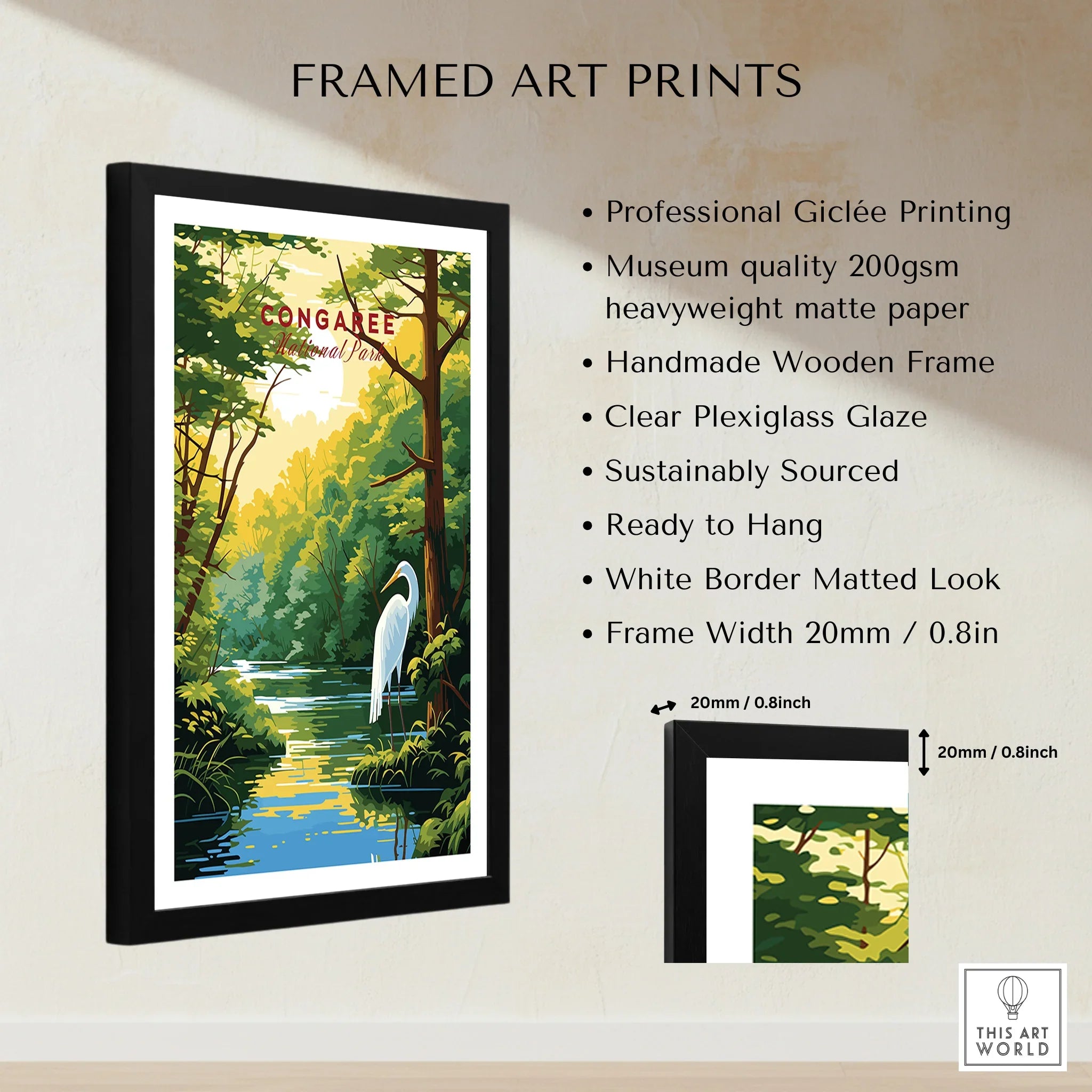 Framed Congaree National Park art print with white border, wooden frame, and detailed features list