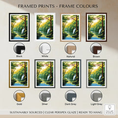 Framed Congaree National Park art print with heron, shown in eight frame color options.