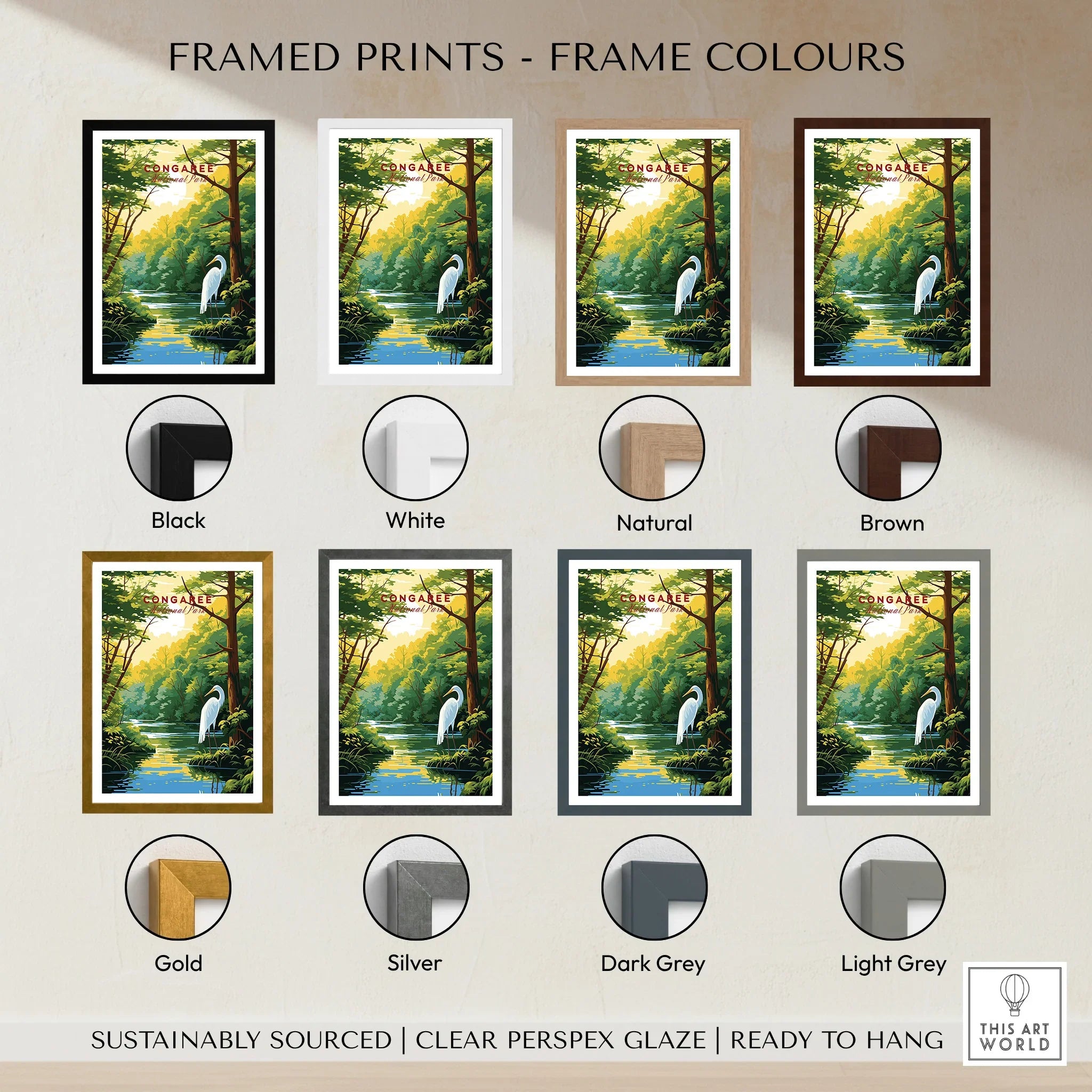 Framed Congaree National Park art print with heron, shown in eight frame color options.