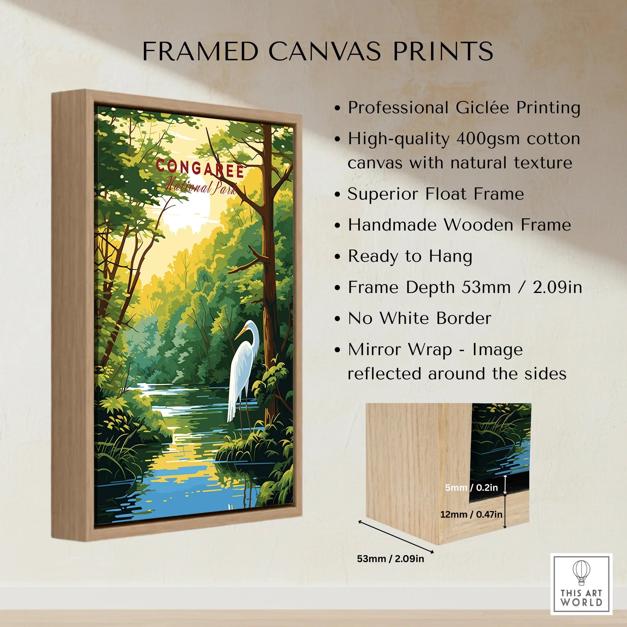 Framed canvas print of Congaree National Park with heron, forest, and river artwork, float frame detail.