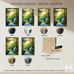 Framed canvas wall art of a scenic river and egret, displayed in six frame colors: black, white, natural, brown, gold, and silver.