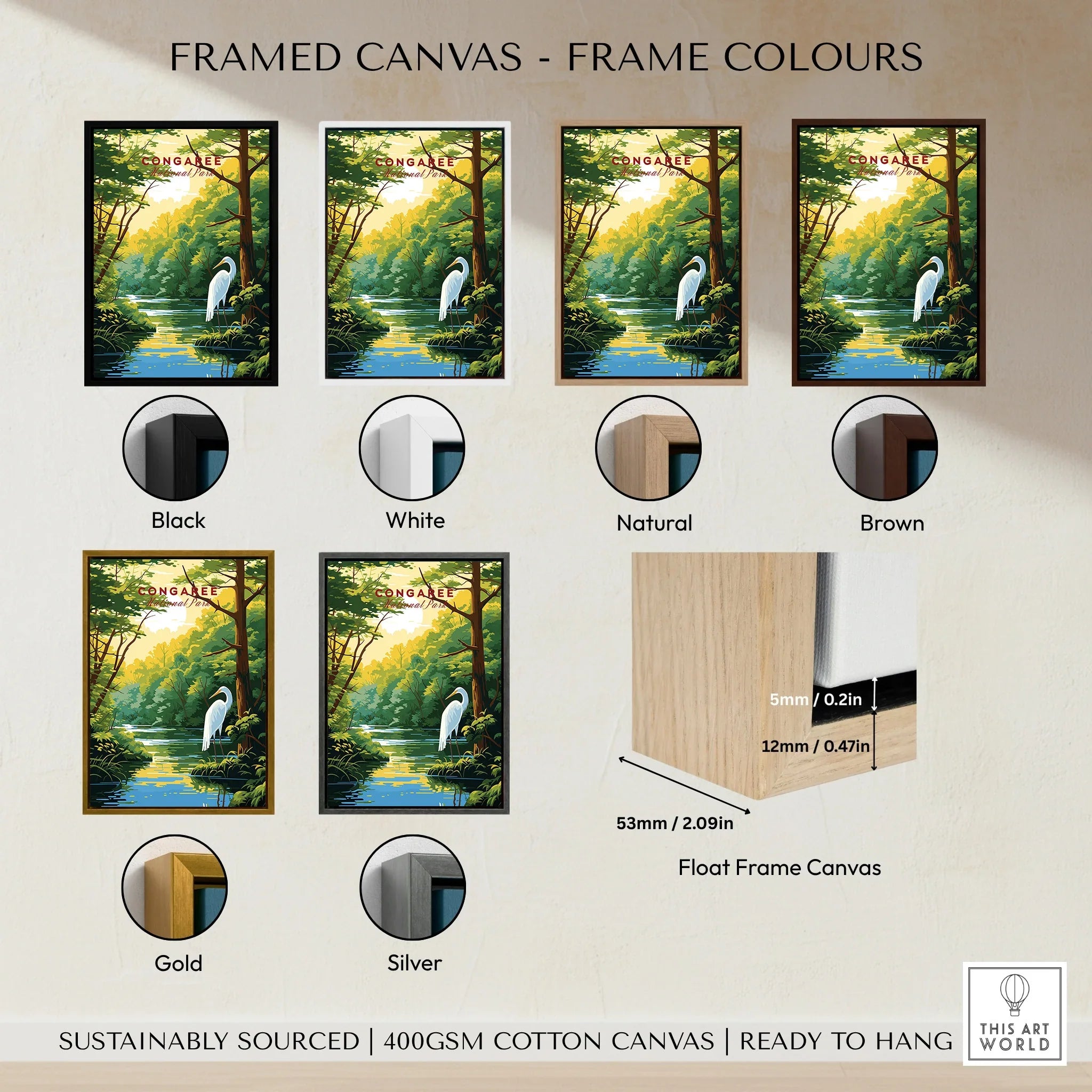 Framed canvas wall art of a scenic river and egret, displayed in six frame colors: black, white, natural, brown, gold, and silver.
