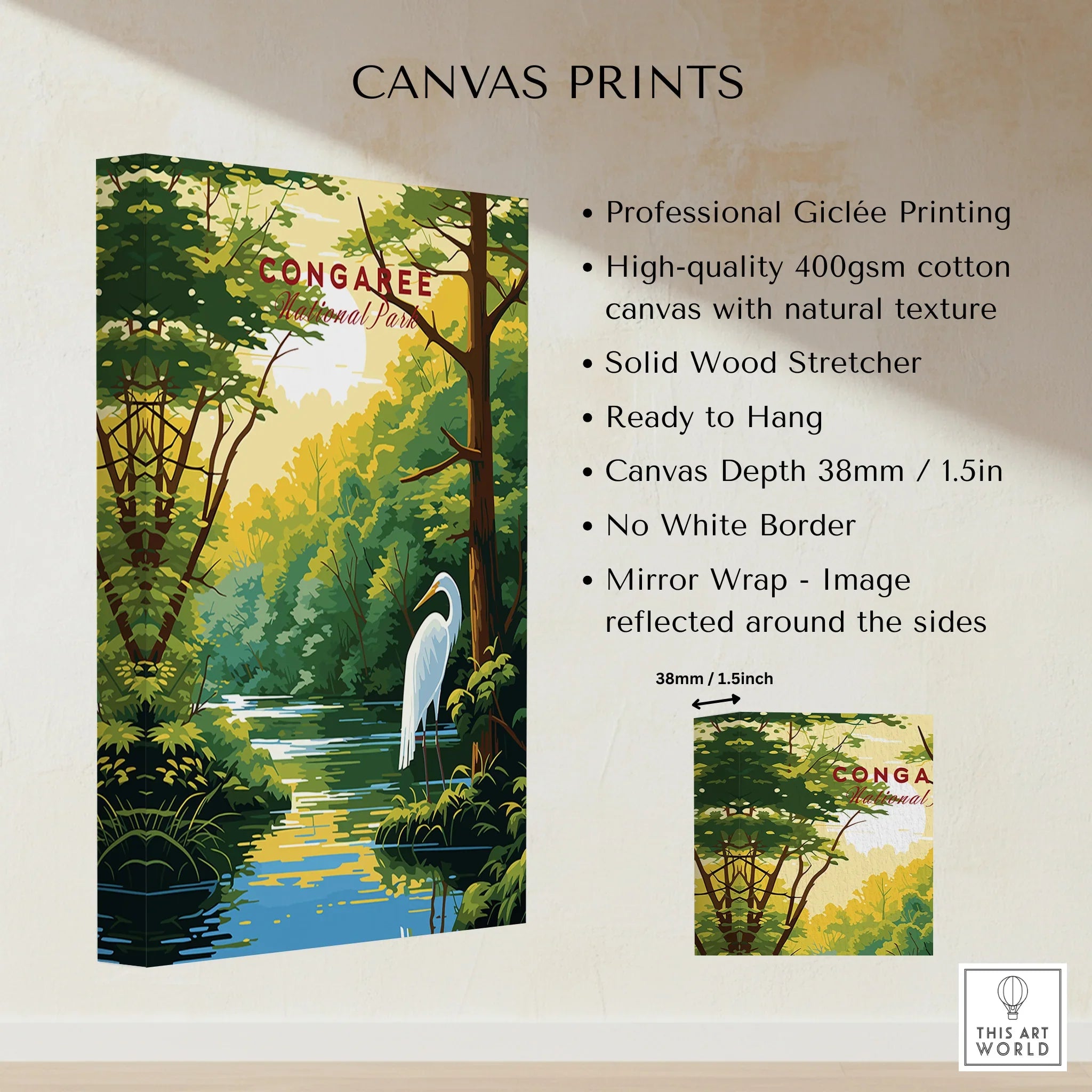 Congaree National Park canvas print with heron by a forested river, travel wall art details
