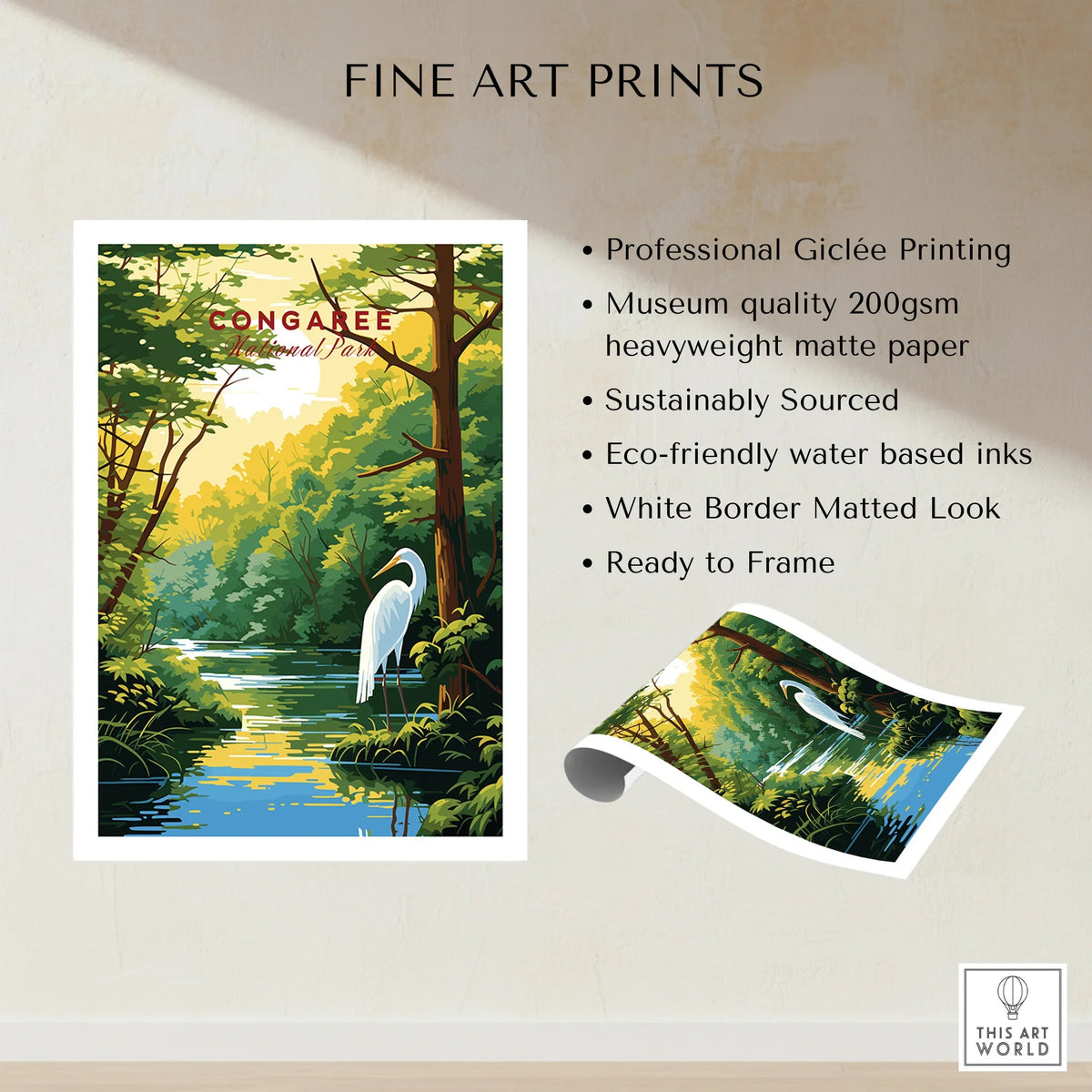 Congaree National Park art print with white egret by a reflective river, lush green trees, unframed fine art poster