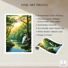 Congaree National Park art print with white egret by a reflective river, lush green trees, unframed fine art poster