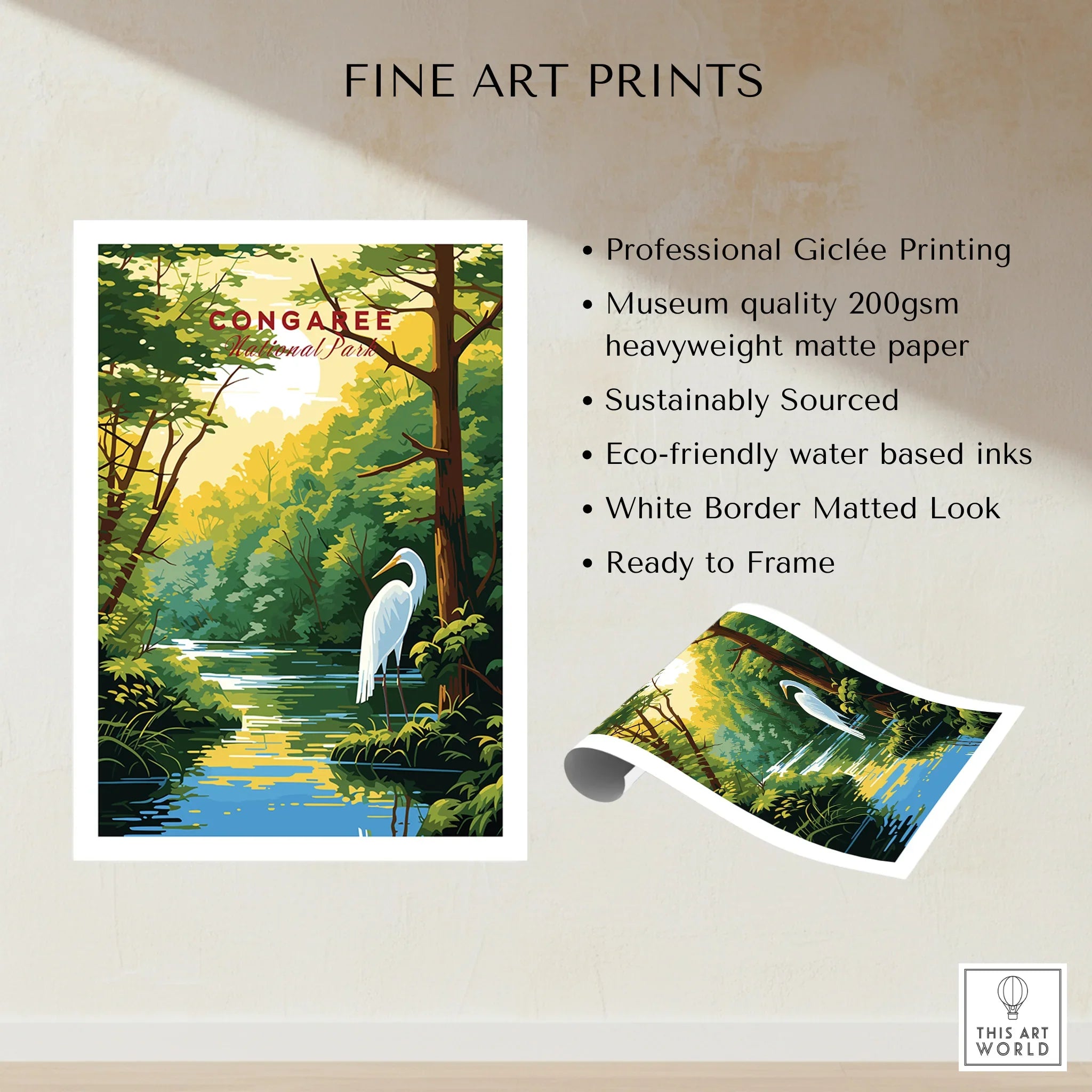 Congaree National Park art print with white egret by a reflective river, lush green trees, unframed fine art poster