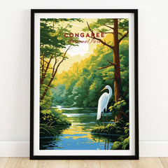 Framed Congaree National Park art print with heron, forest, and river, on wooden floor
