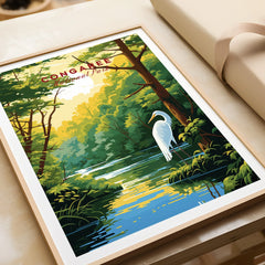 Framed Congaree National Park art print with a white egret by a river in lush forest.