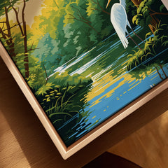 Close-up framed canvas print of a scenic wetland landscape with egret and lush greenery