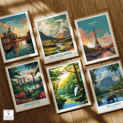 Set of six framed travel posters featuring Venice, Paris, the Highlands, Singapore, Congaree National Park, and Sri Lanka, displayed on a wooden floor.
