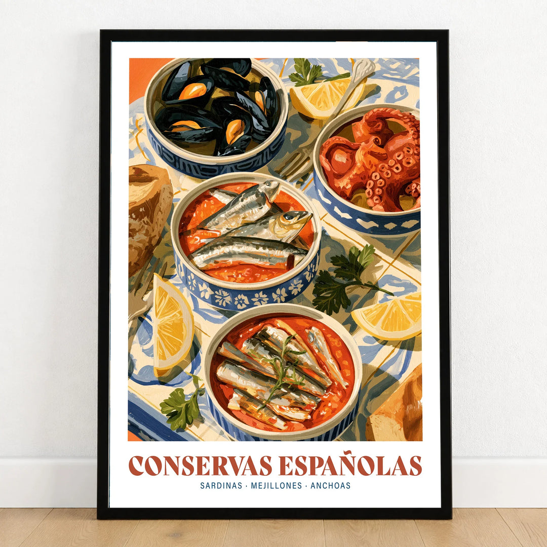 Spanish Conservas Kitchen Wall Art - art print in black frame on wooden floor