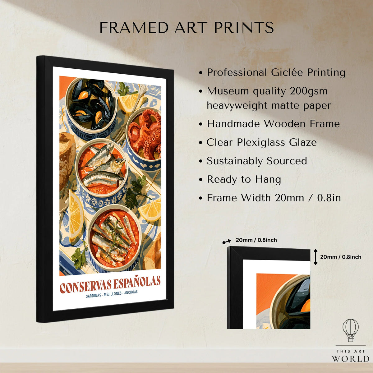 Spanish Conservas Kitchen Wall Art - framed print details measurements quality details