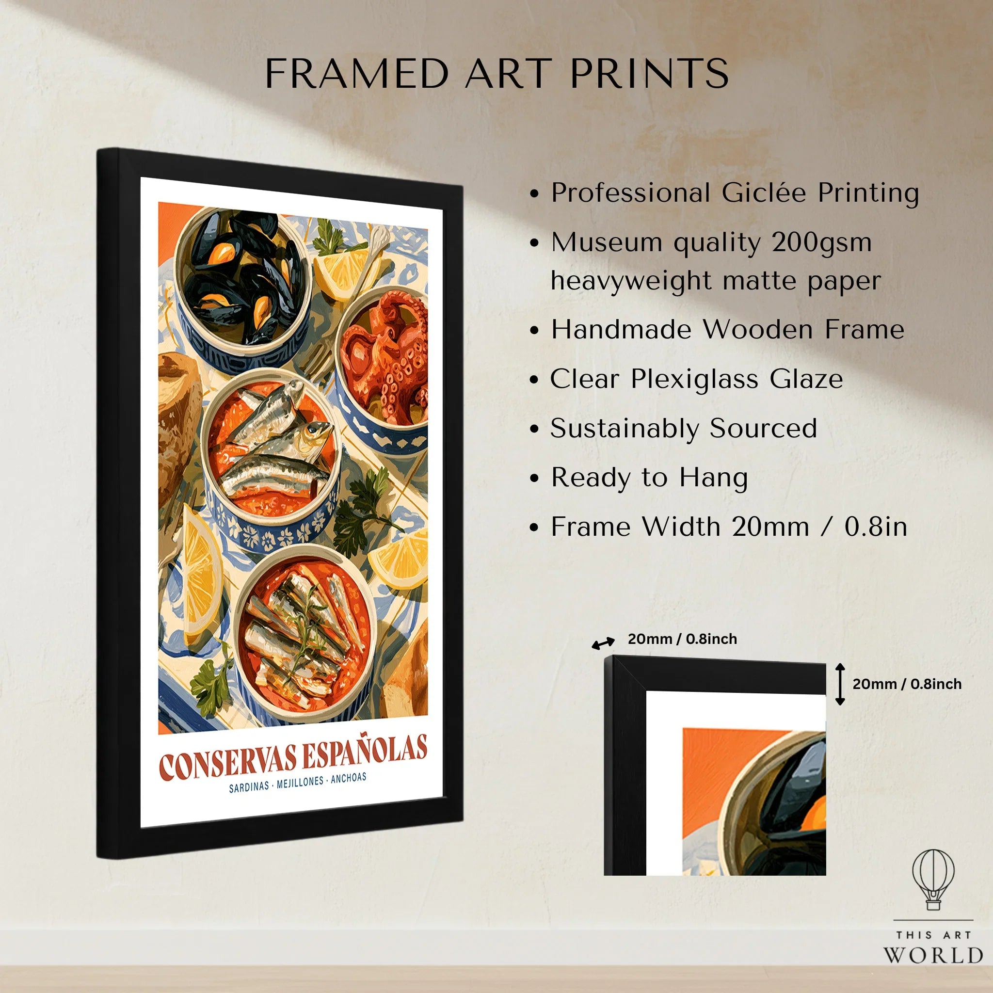 Spanish Conservas Kitchen Wall Art - framed print details measurements quality details