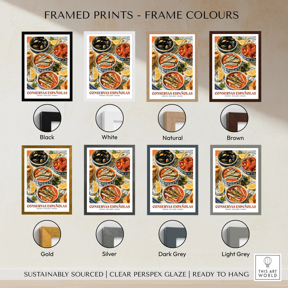 Spanish Conservas Kitchen Wall Art - framed print colour options