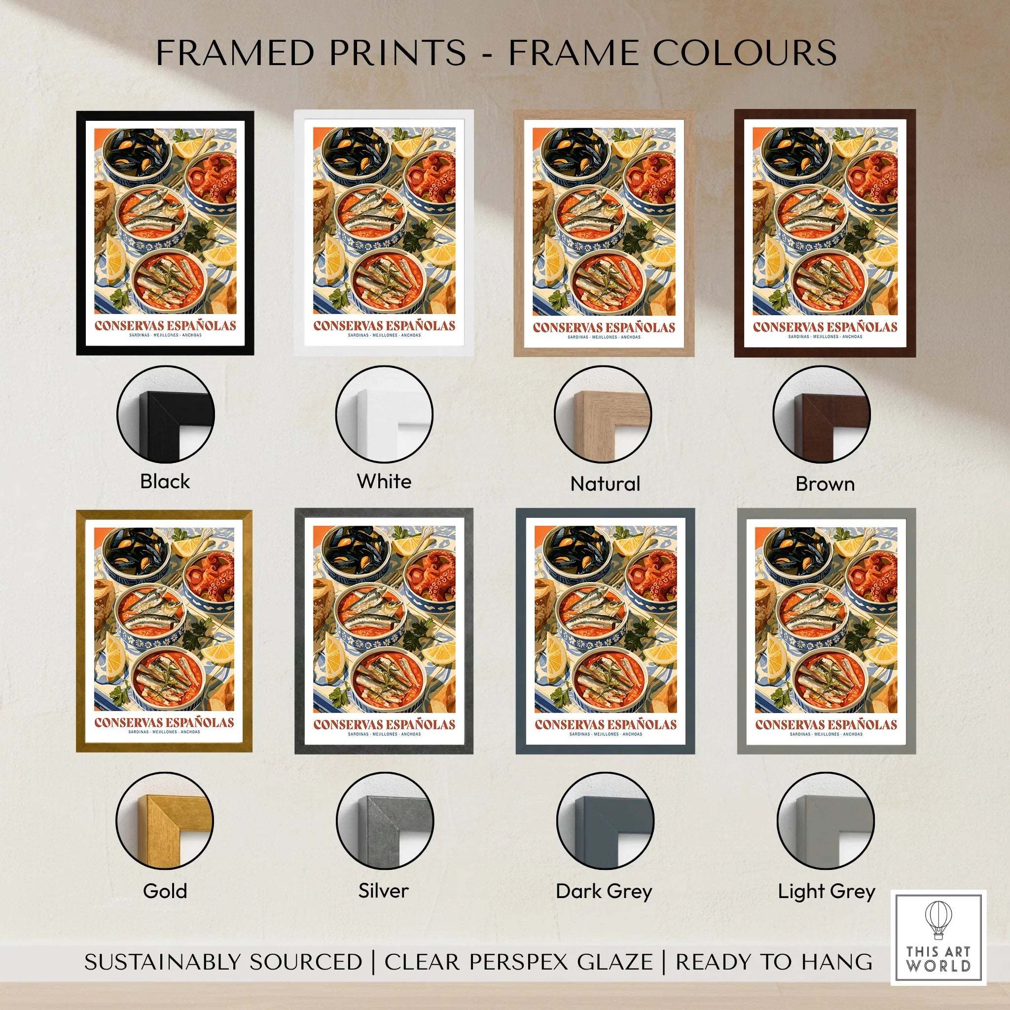 Spanish Conservas Kitchen Wall Art - framed print colour options