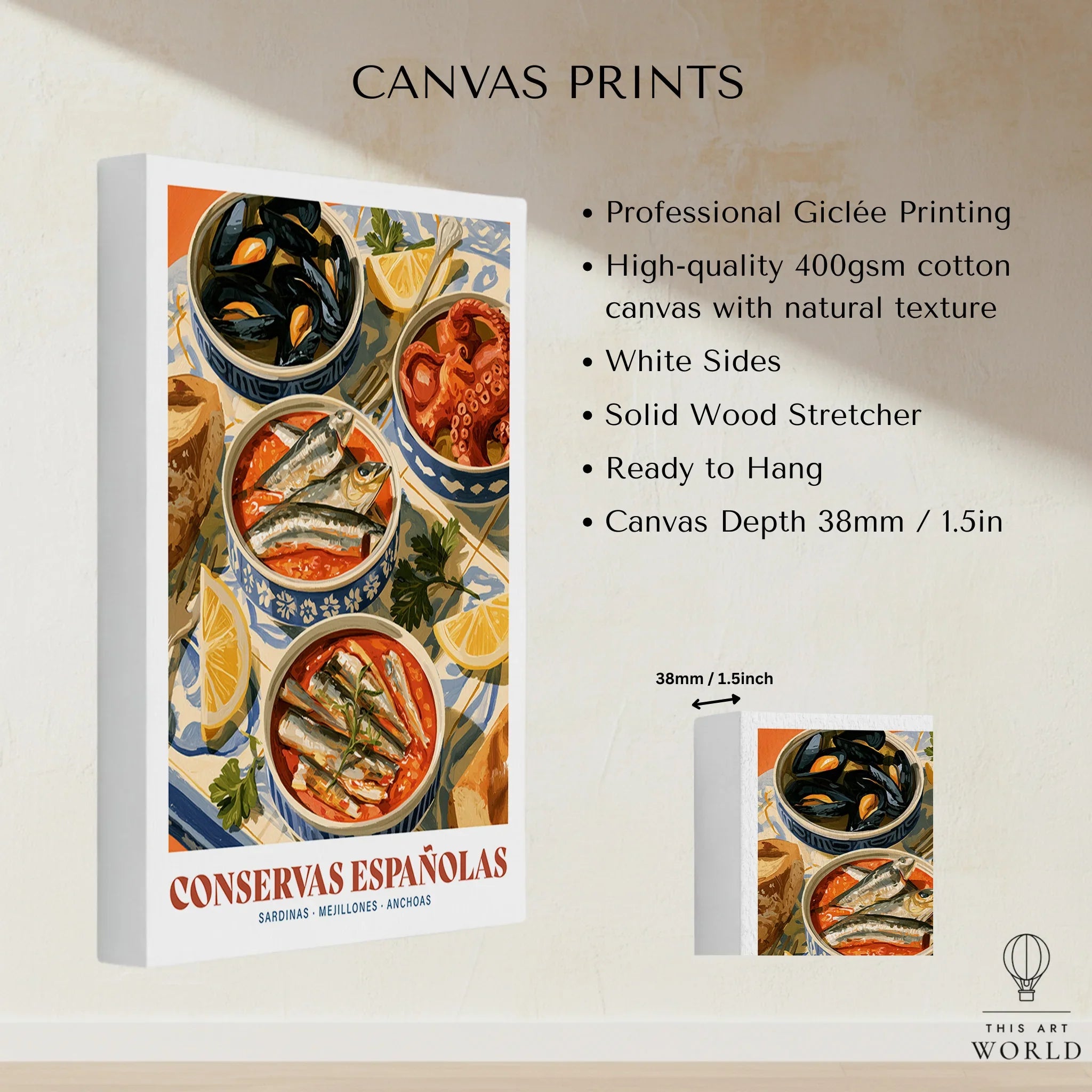 Spanish Conservas Kitchen Wall Art - canvas print stretched cotton canvas details