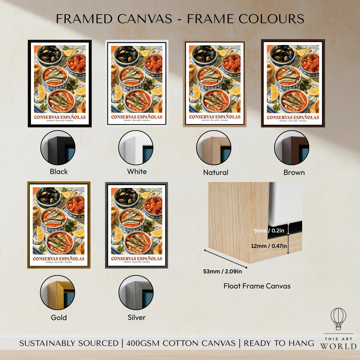 Spanish Conservas Kitchen Wall Art - framed canvas float frame colour options