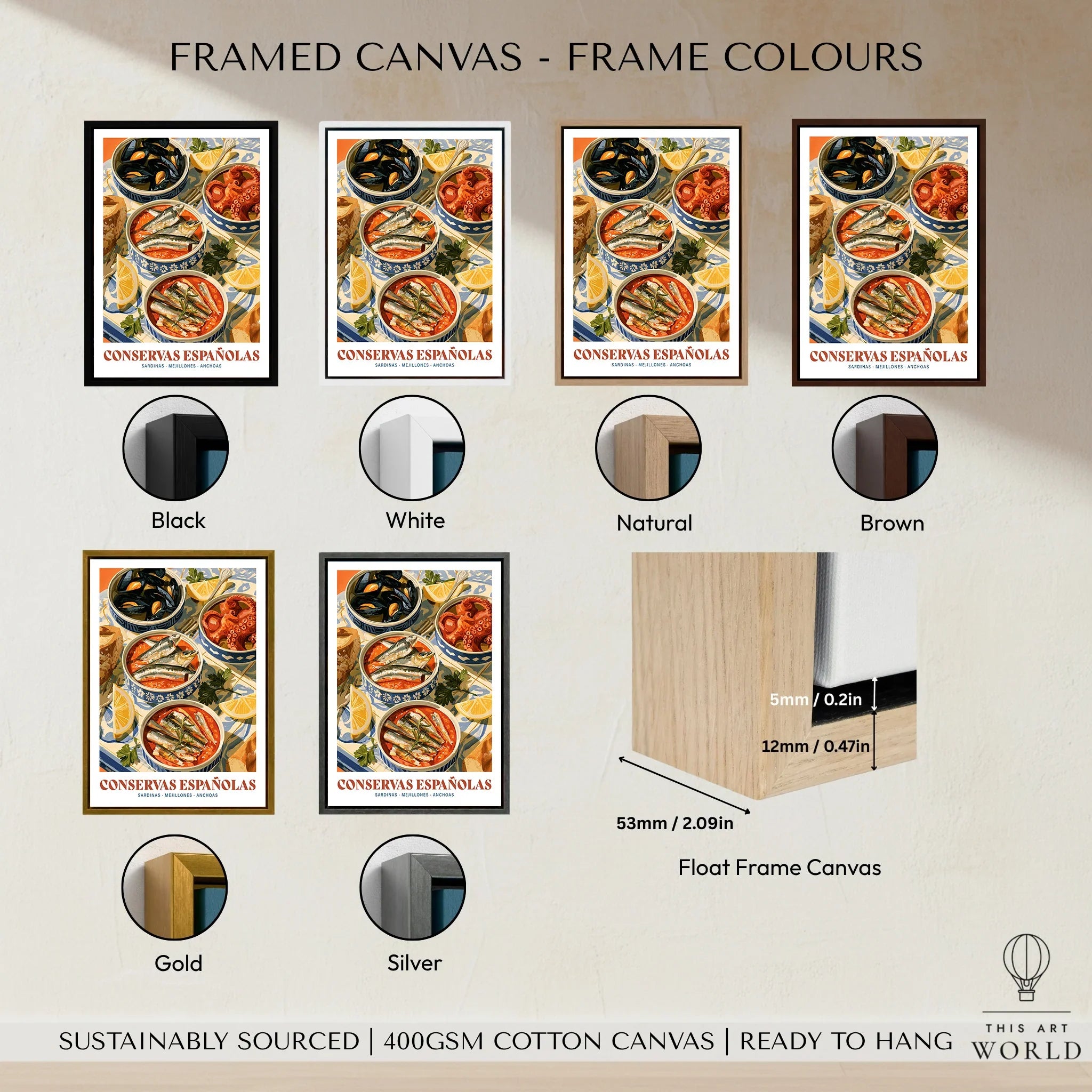 Spanish Conservas Kitchen Wall Art - framed canvas float frame colour options