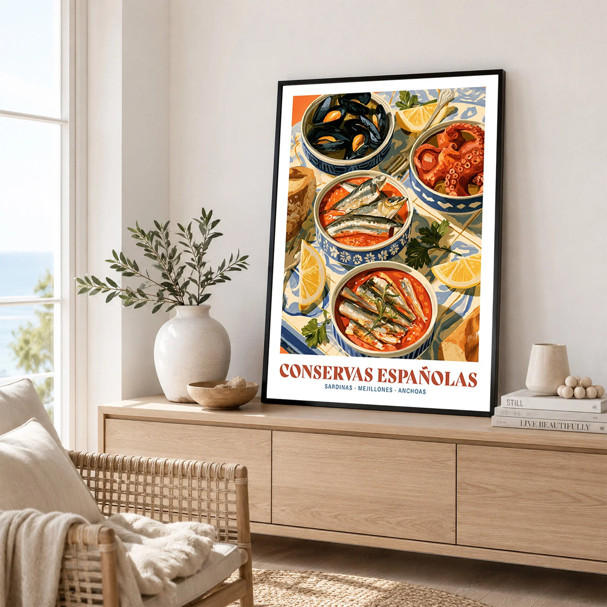 Spanish Conservas Kitchen Wall Art - framed artwork living room lifestyle setting
