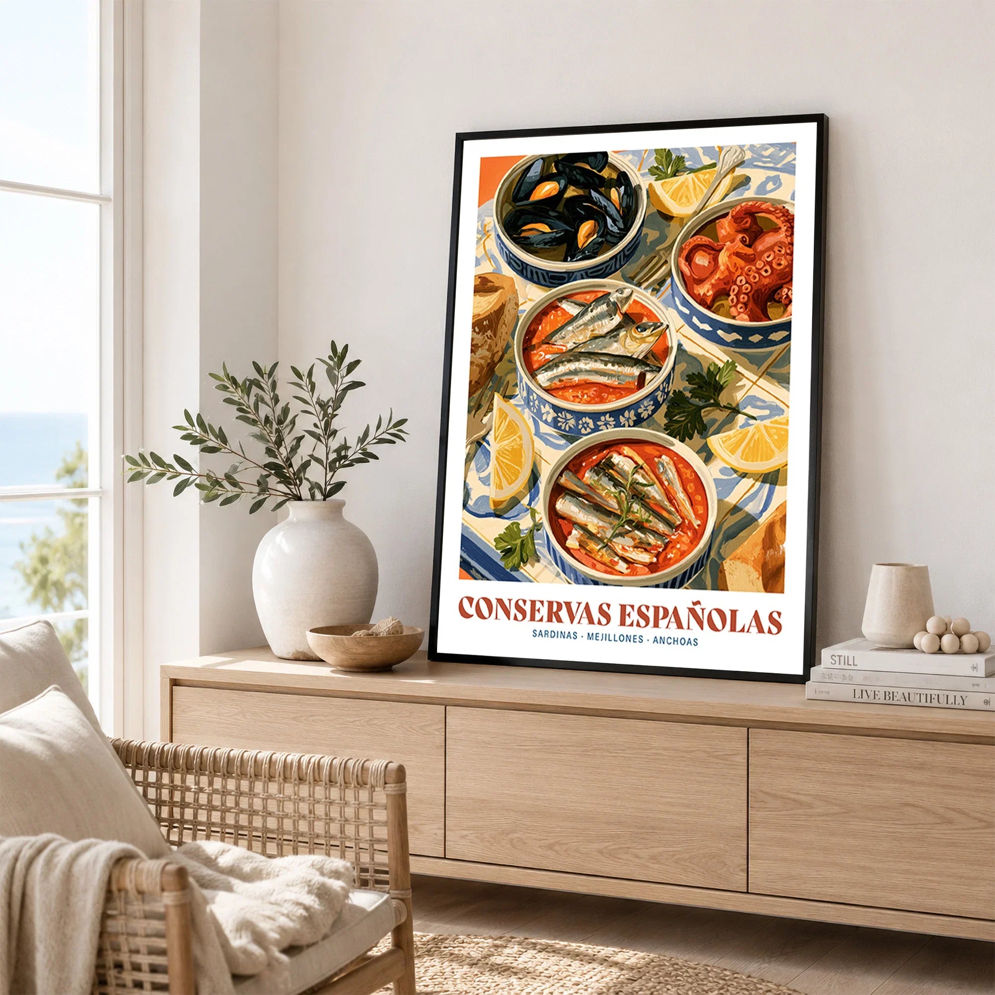 Spanish Conservas Kitchen Wall Art - framed artwork living room lifestyle setting