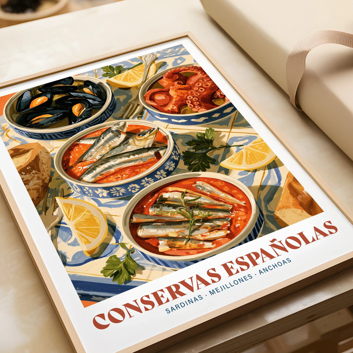 Spanish Conservas Kitchen Wall Art - framed art print closeup gift unwrapped natural frame