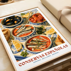 Spanish Conservas Kitchen Wall Art - framed art print closeup gift unwrapped natural frame