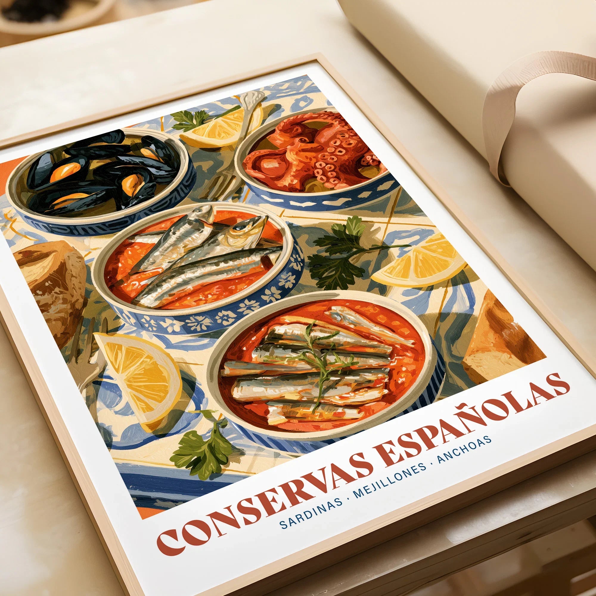 Spanish Conservas Kitchen Wall Art - framed art print closeup gift unwrapped natural frame